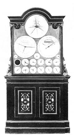 Vue de l'ensemble de la facade de cette horloge astronomique.  Collection privée.