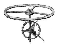 Dessin d'un échappement à verge avec balancier circulaire. Le ressort spiral se positionne au dessus du balancier,  fixé au centre à son axe et à son extrémité par un plot sur le batit du mouvement. L'axe du balancier circulaire est une verge utilisée avec une roue de rencontre.  
