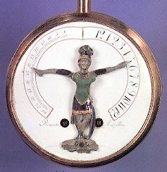 Montre à automate dite "bras en l'air" du 19ème siècle. Les bras du soldat romain décrivent des arcs de cercle pour s'arrêter devant l'heure à droite et les minutes à gauche lorsque l'on appuie sur le pendant.  Source AFAHA Besançon/Musée des Monts - Le Locle.