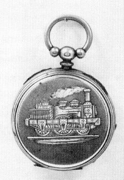 Montre en argent vers 1860. motif de locomotive gravé sur le fond.  Collection privée.