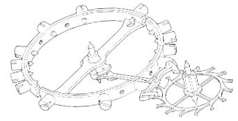 Echappement à ancre :  Dessin d'un ensemble balancier compensateur bimétallique à vis, ancre moderne avec palette en rubis synthétique et roue d'échappement.  Source G.Daniels/"The art of Breguet/Sotheby Park-Bernet.