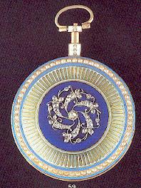 Montre à verge en or émaillé, sertie de perles et de roses, vers 1795. Collection privée.